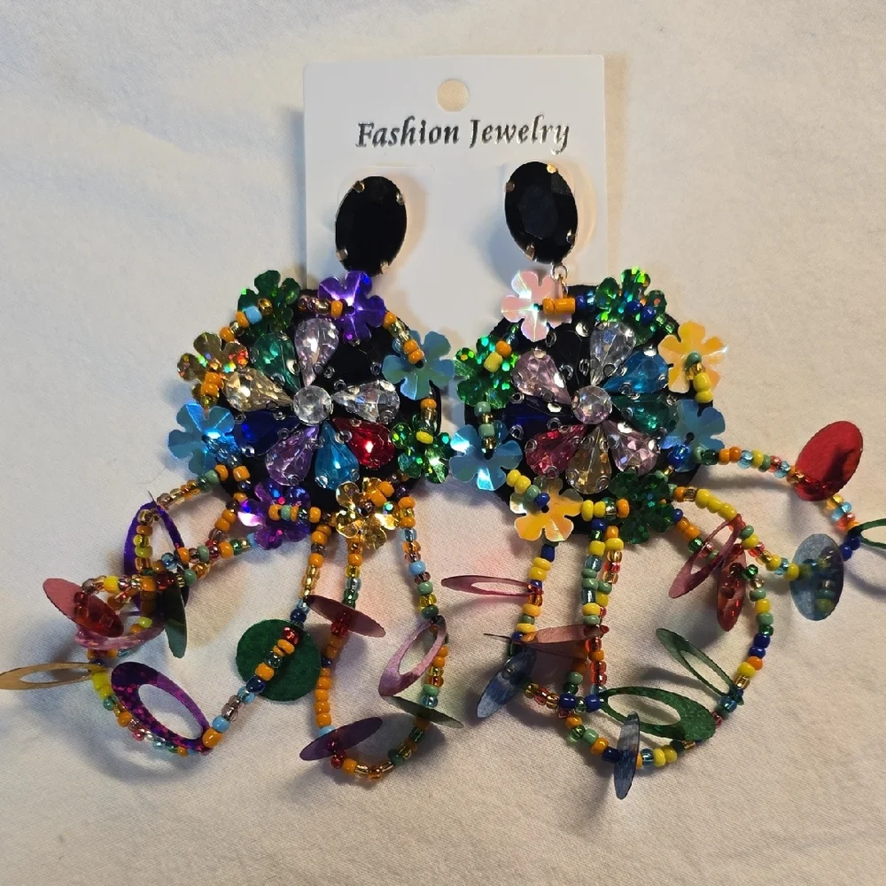 Multicolor Statement Earrings Marti Gra - Picture 1 of 5
